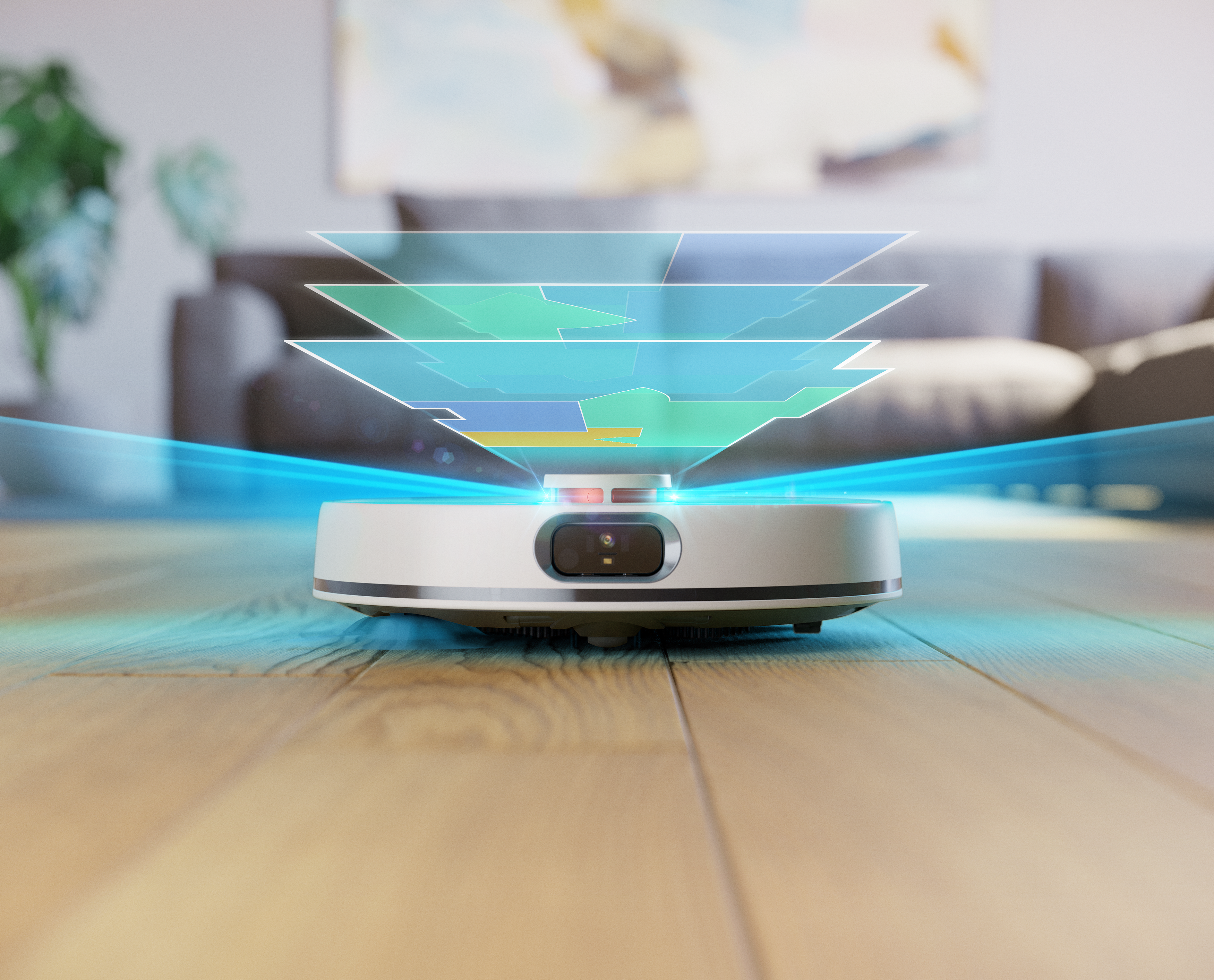 Robot porszívó fa padlón. Holografikus térkép a készülék fölött, kék fénysugarak.