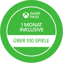 Grüner Kreis mit 'Game Pass' Logo und Text '1 Monat inklusive Über 100 Spiele'.