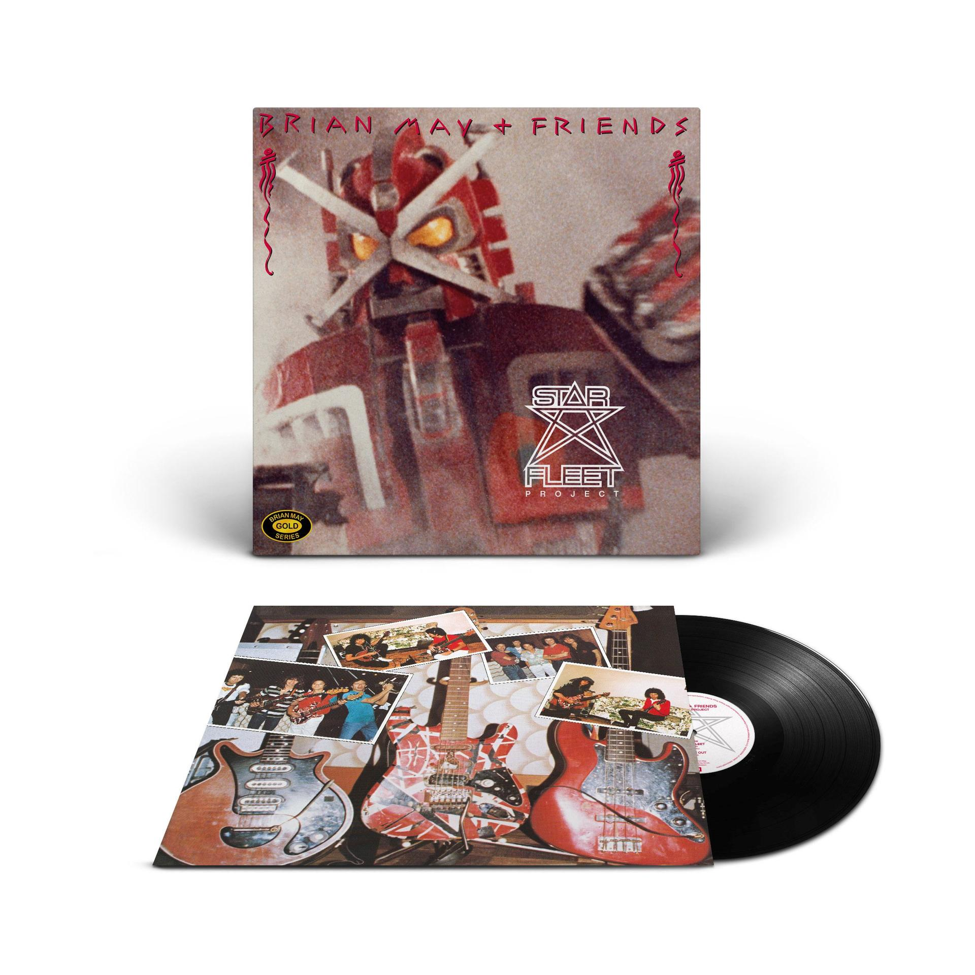 Vinyl Schallplatte mit Cover von Brian May and Friends' Album. Artwork zeigt einen Roboter mit Gitarren und Fotos.