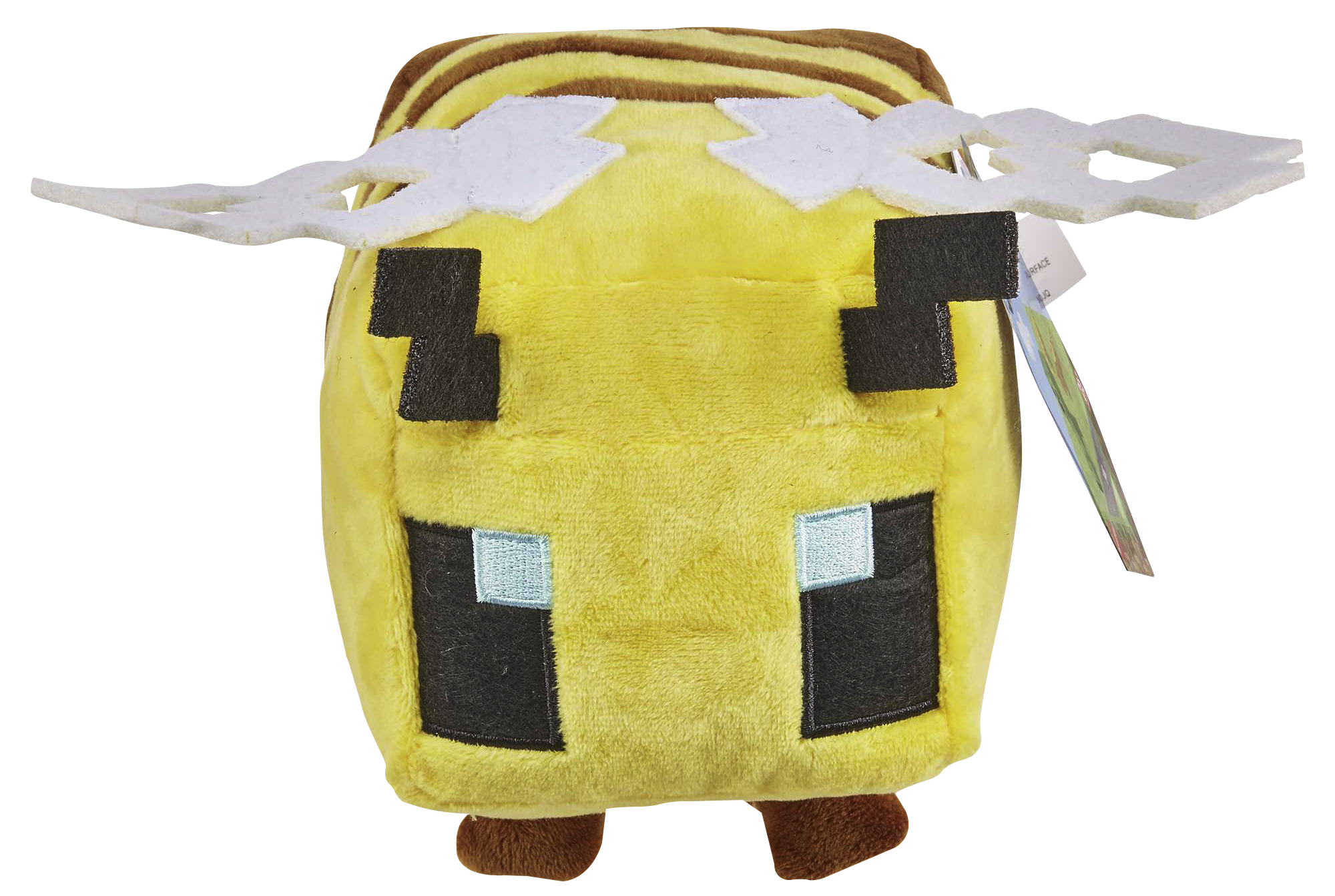 Gelbes Minecraft-Bienen-Plüschtier mit Flügeln und schwarzen und hellblauen Augen.