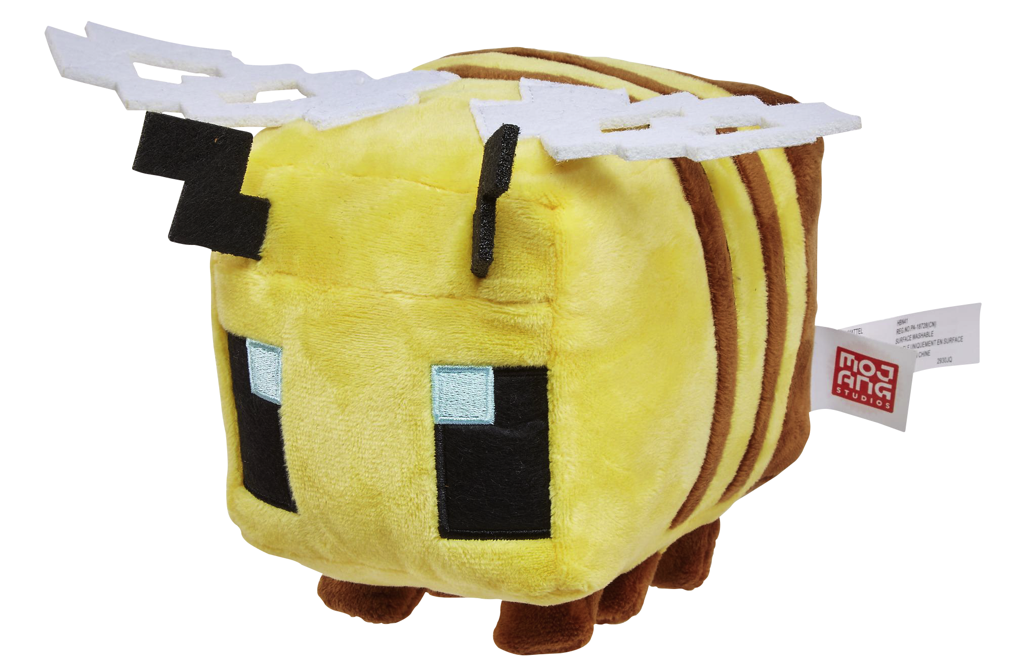 Ein Minecraft-Bienen-Plüschtier mit gelben und braunen Streifen, Flügeln und schwarzen Augen und Antennen.