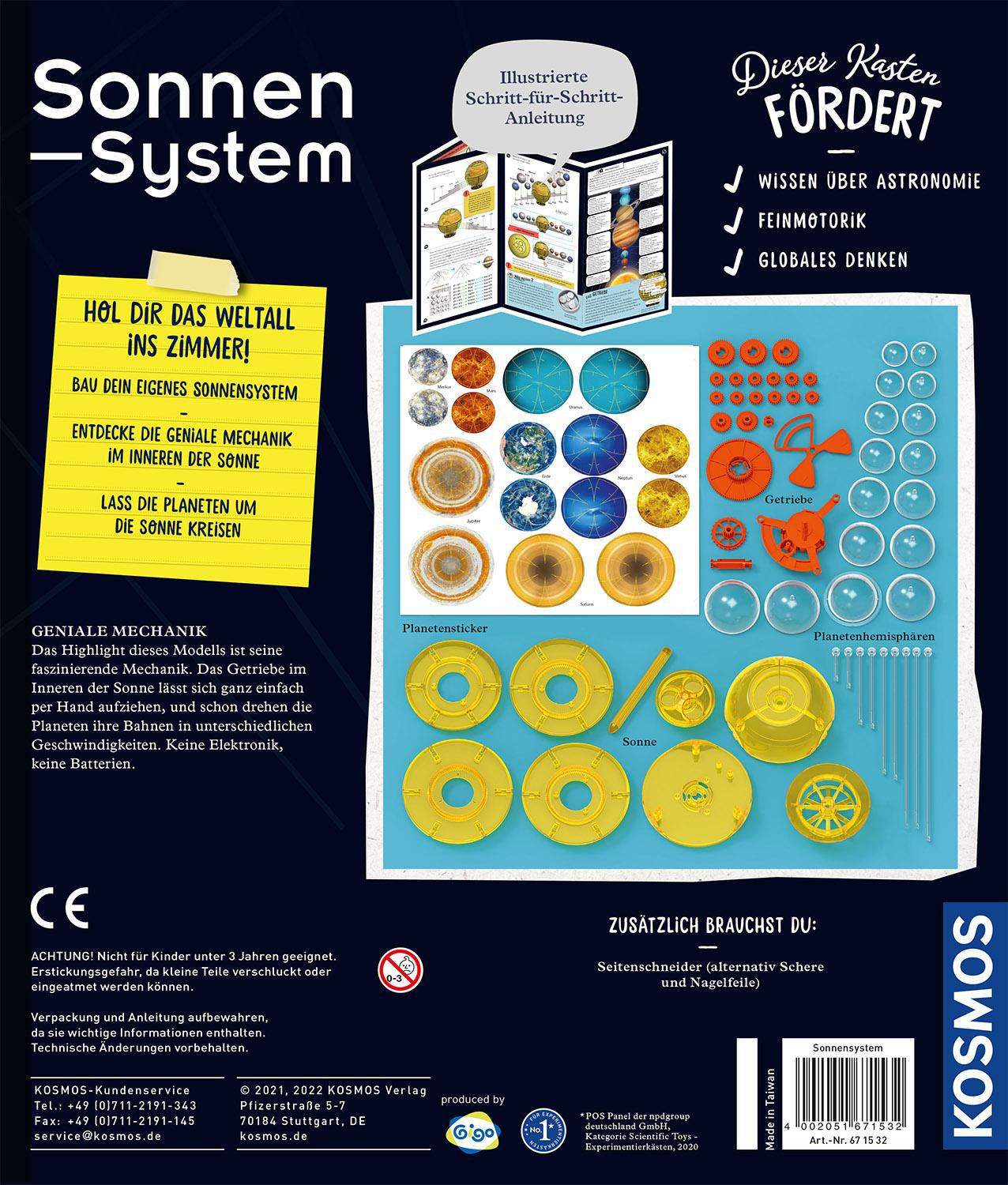 Lehrreiches Poster mit Diagramm des Sonnensystems, Werkzeugen und Anweisungen, mit deutschem Text.