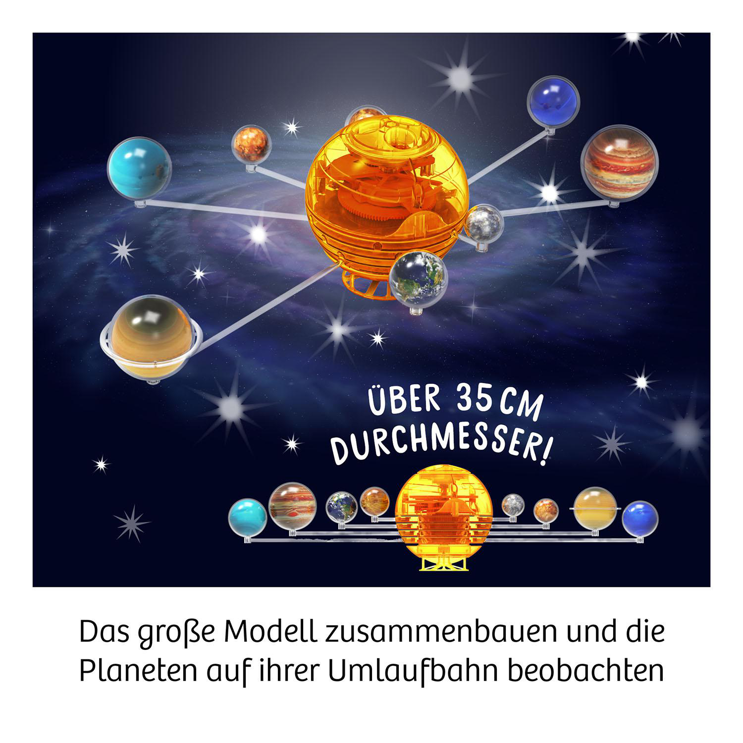 Ein Modell des Sonnensystems. Planeten sind um eine zentrale gelbe Kugel angeordnet.