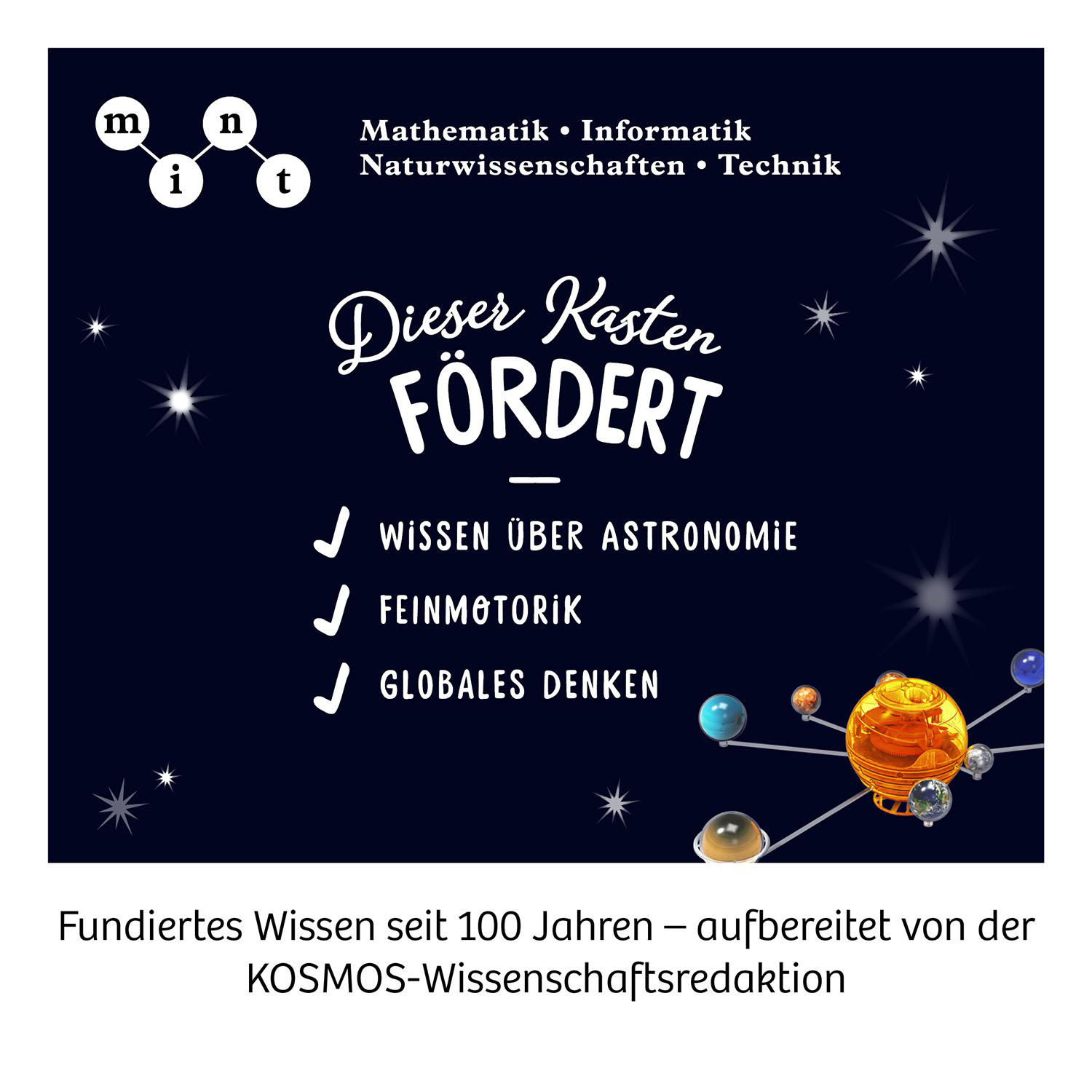 Blauer Hintergrund mit Text über Wissenschaft, Wissen und Astronomie. Sterne und Planeten sind abgebildet.