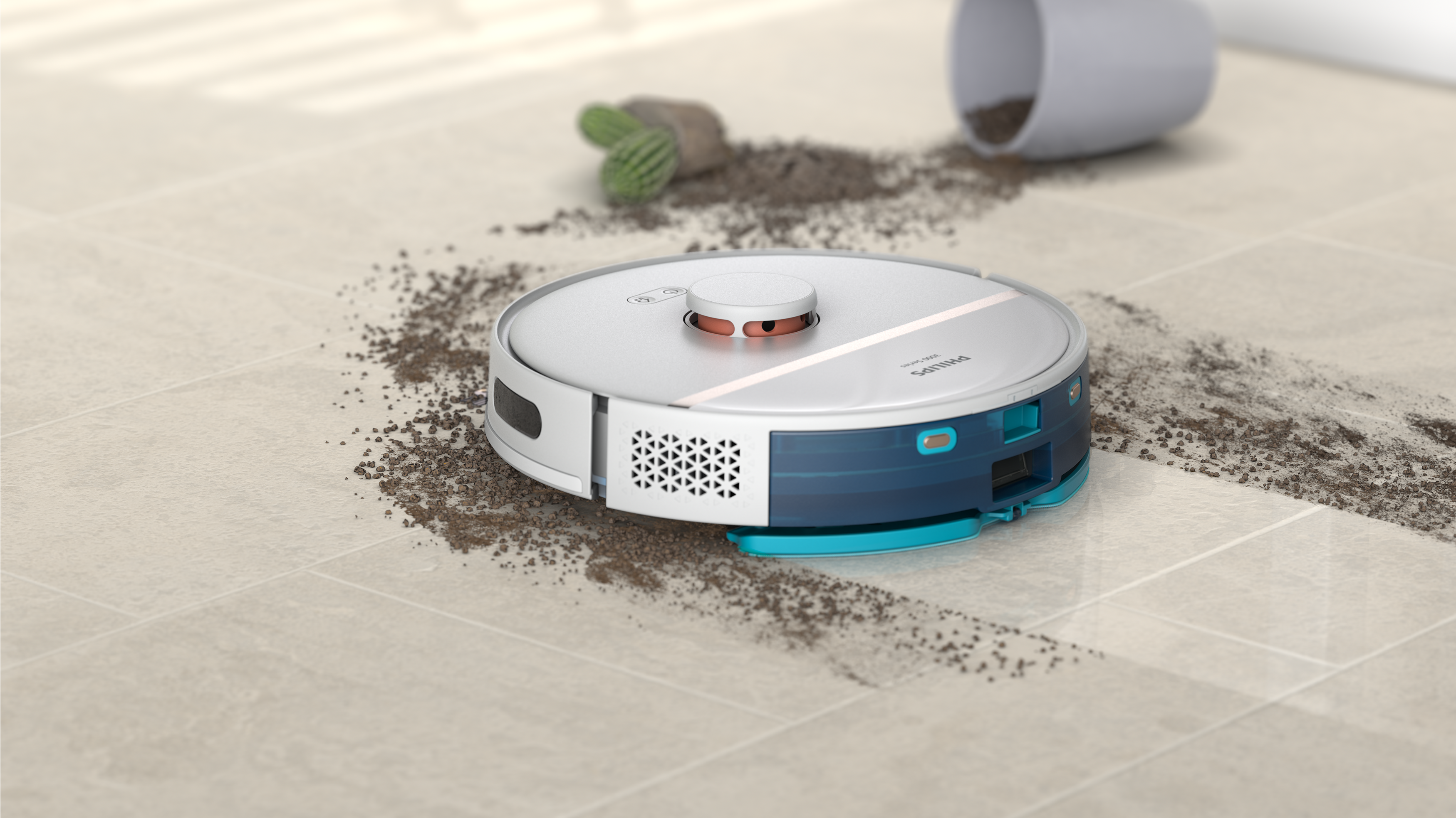 Robotporszívó tisztít egy csempézett padlót. A szennyeződés szétszórt.