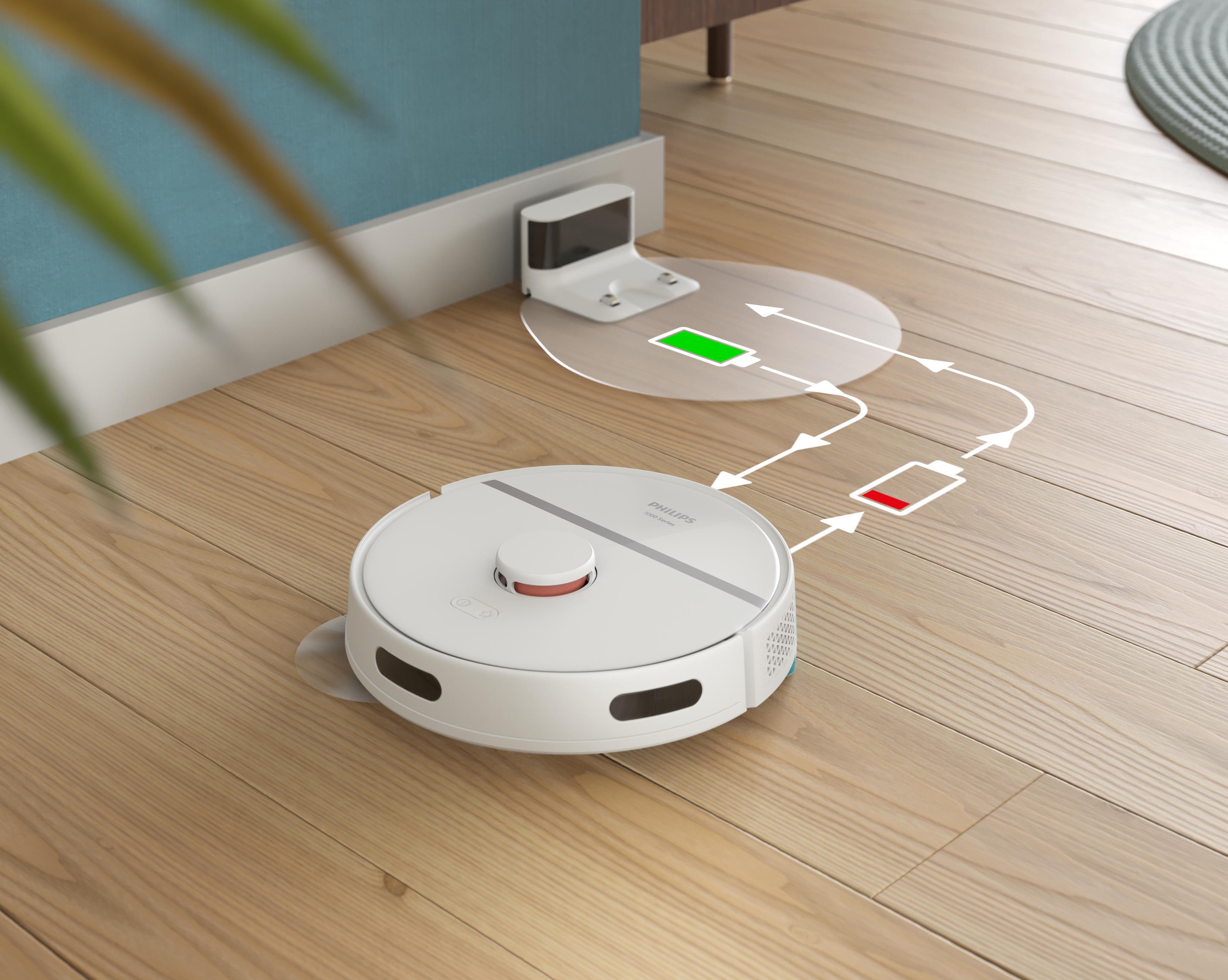 Egy fehér robotporszívó fa padlón, töltőállomással és töltésjelzővel.