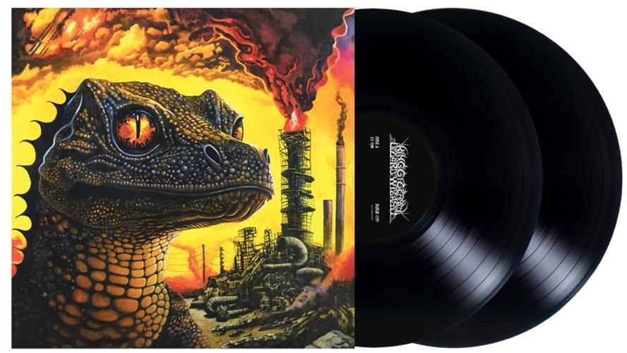 Albumcover mit Dinosaurier und Industriehintergrund, mit zwei schwarzen Vinylplatten.