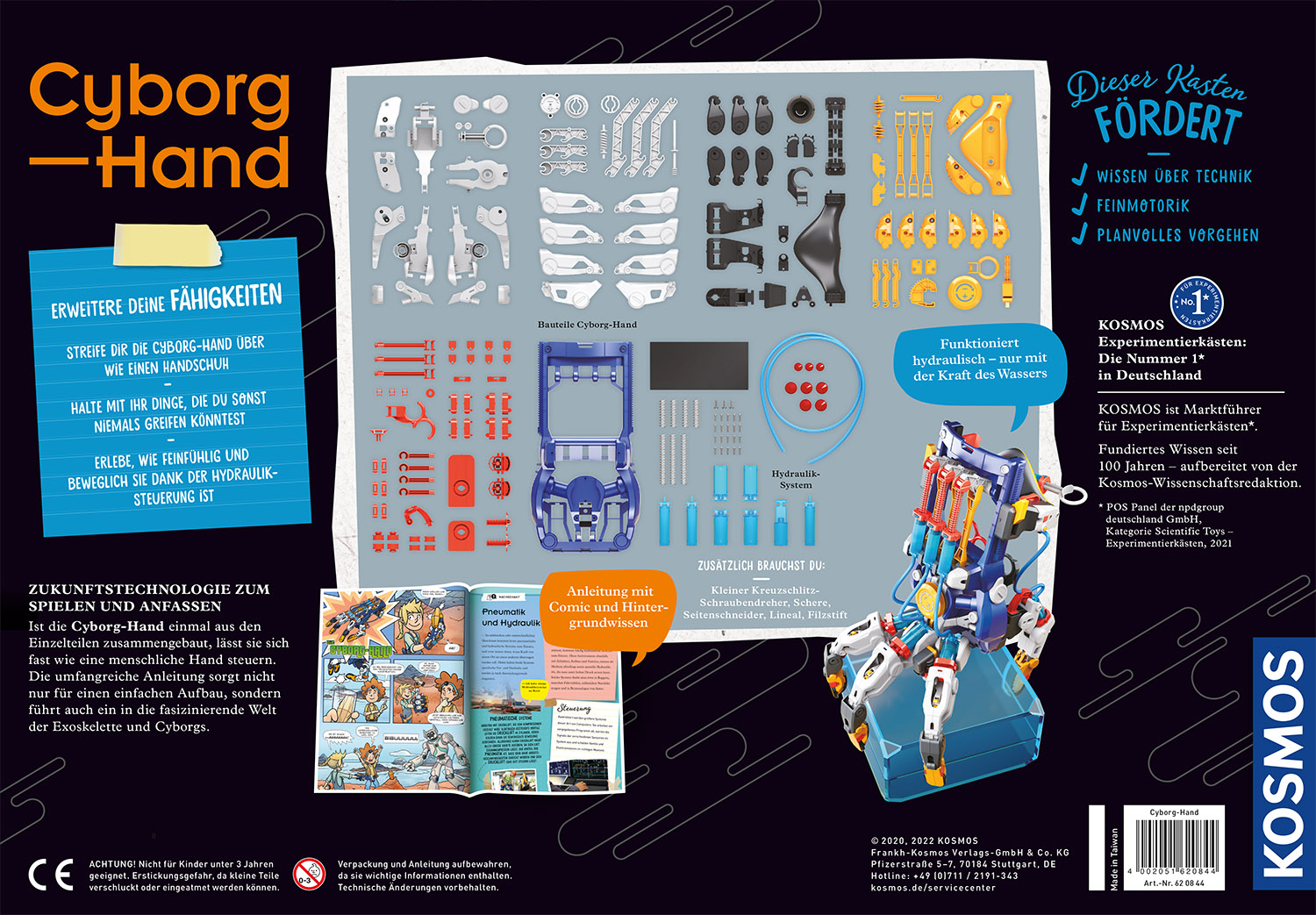 Schachtel einer Spielzeug-Cyborg-Hand. Text und Diagramme erklären den Aufbau und die Funktion.