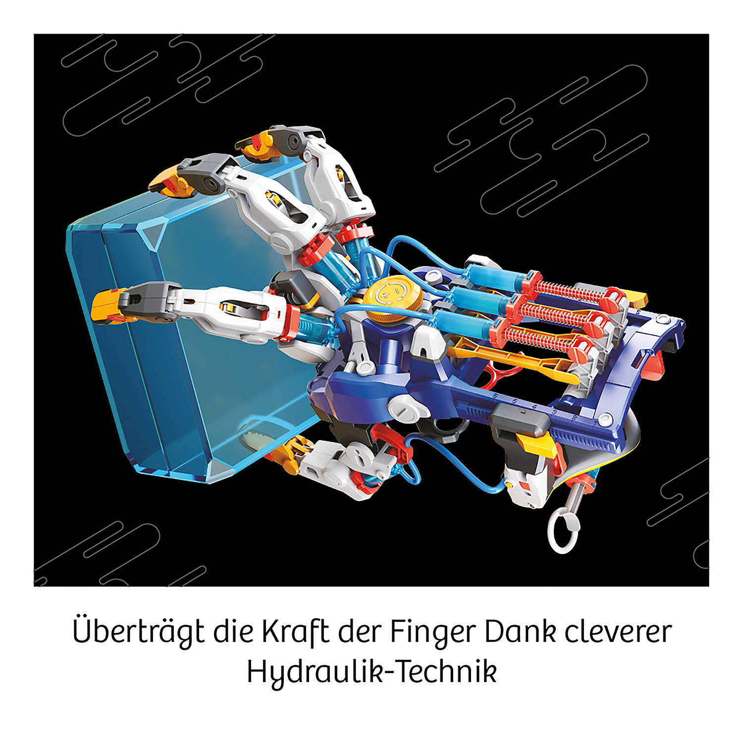 Robotisches Handmodell mit blauen Akzenten und einem transparenten Schutzgehäuse, auf schwarzem Hintergrund.