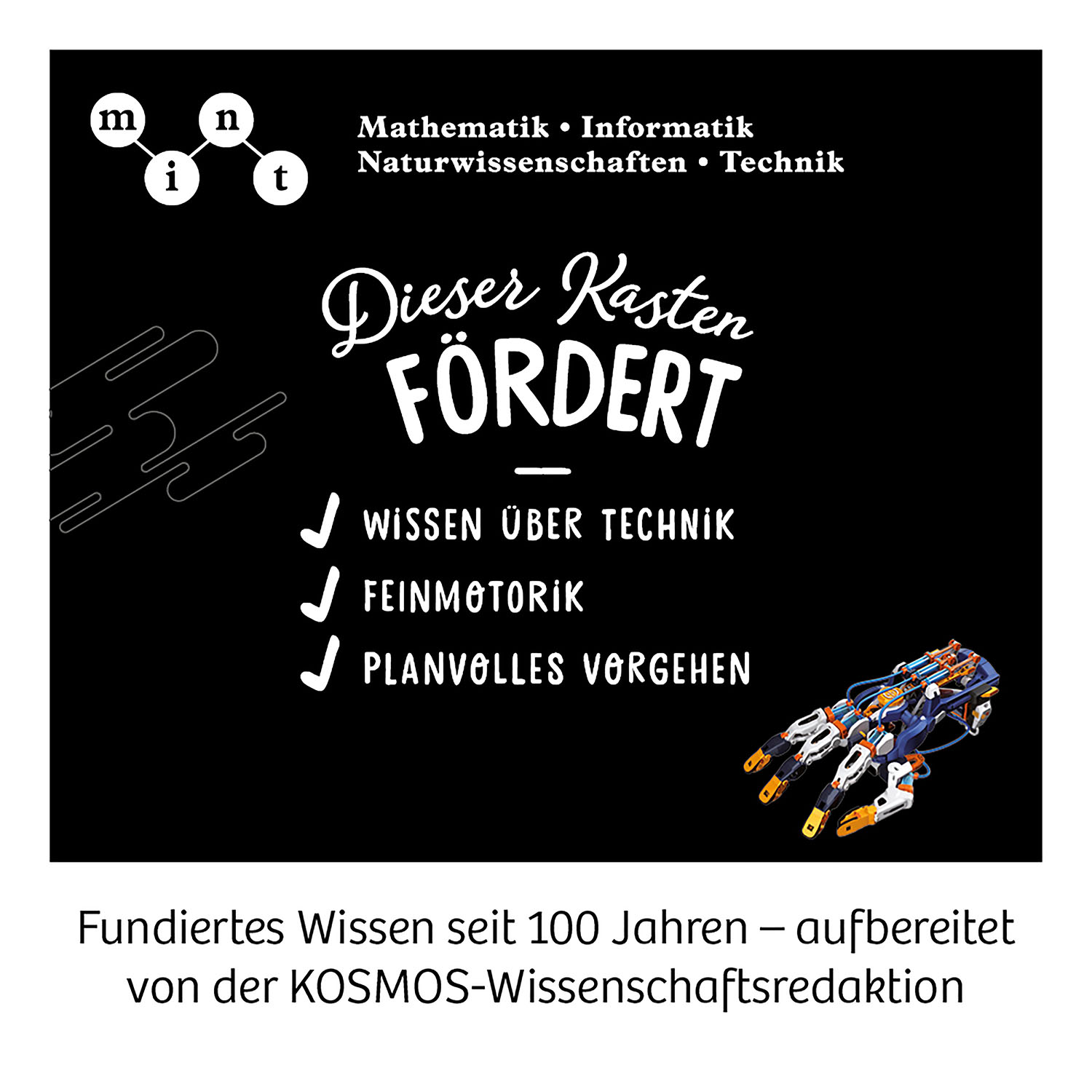 Schwarzer Hintergrund mit weißem Text und Illustrationen über Wissenschaft, Technik und Ingenieurwesen, mit Roboter.