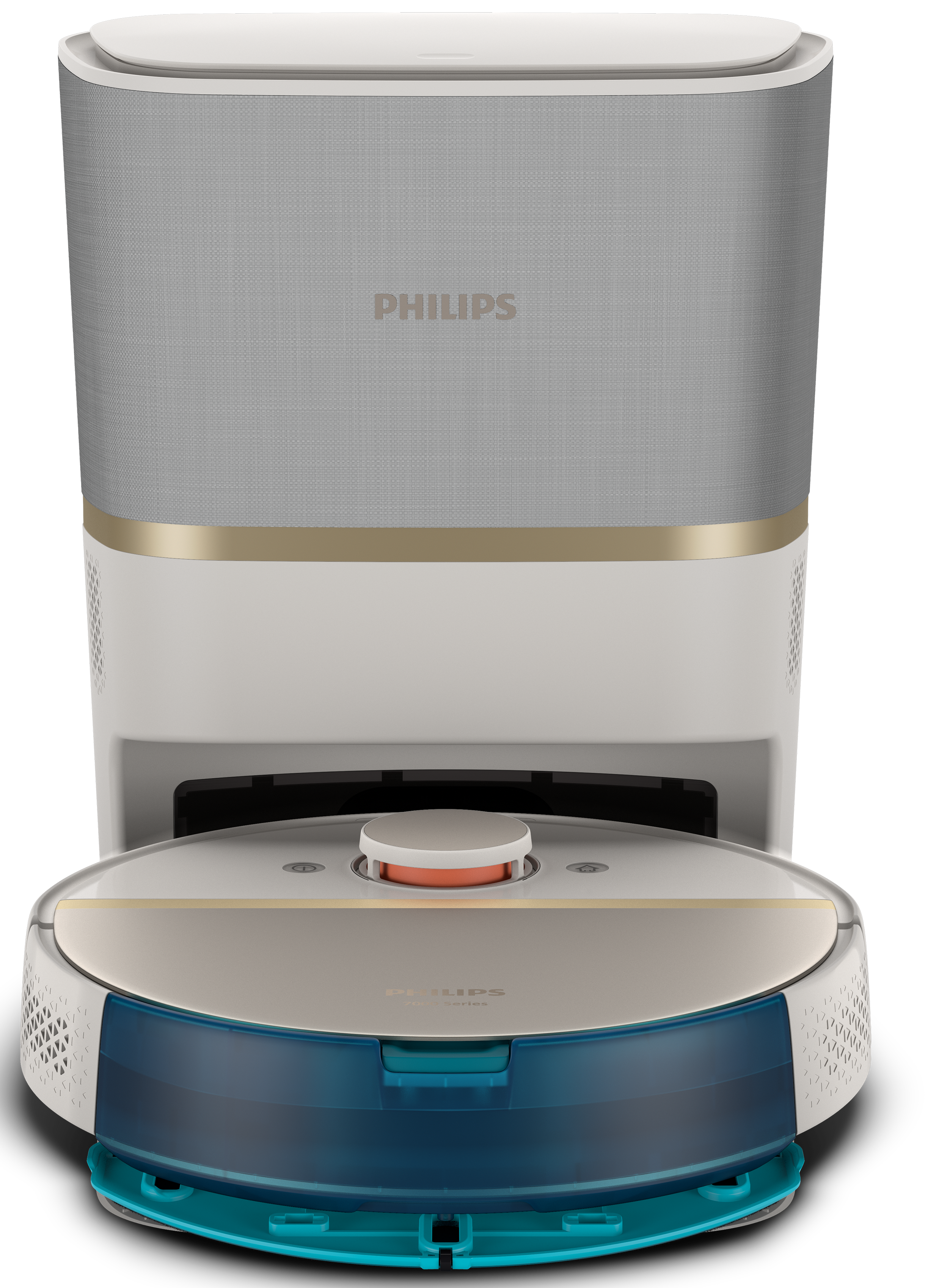 Egy fehér és szürke Philips robot porszívó. A tetején egy szürke rész és egy Philips logó található.