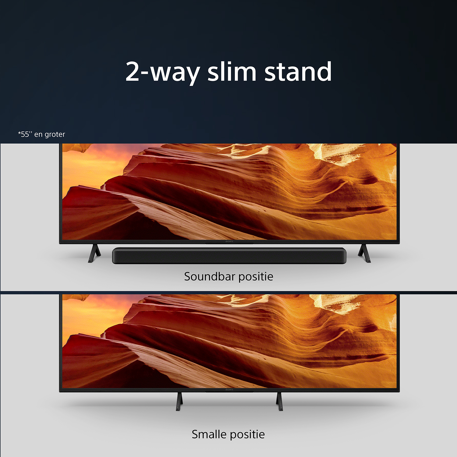 Twee weergaven van een tv met een soundbar, met standopties, met tekstoverlay.