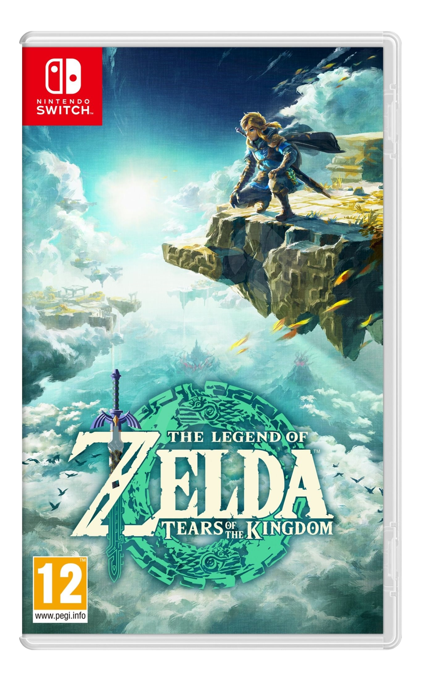 Scatola del gioco The Legend of Zelda. Eroe su una scogliera, spada e logo.