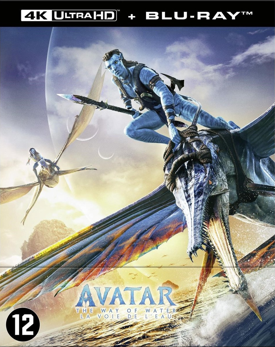 Filmposter voor 'Avatar: The Way of Water' met Na'vi en waterwezens.