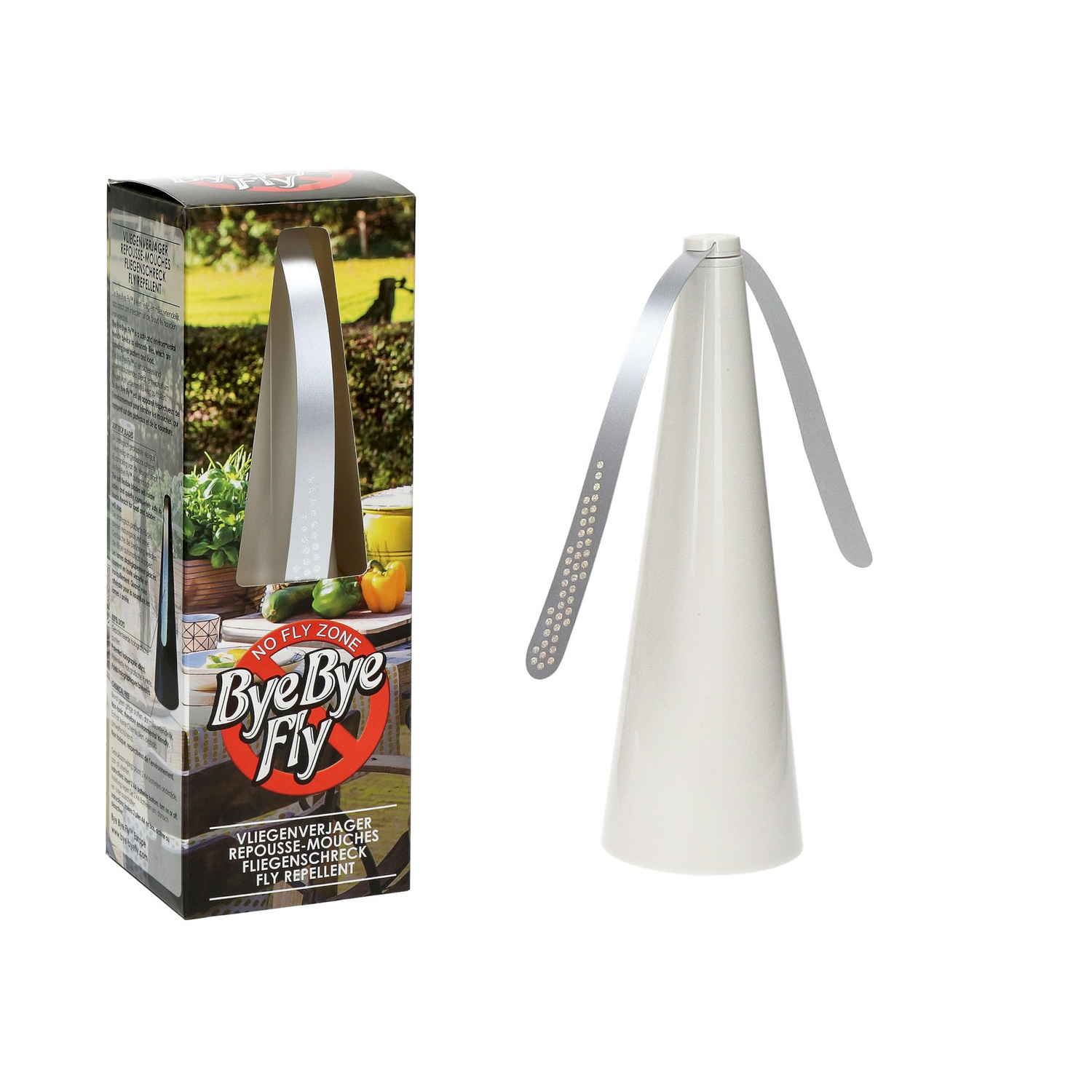 Fly repellent with a box and a white device. White background.