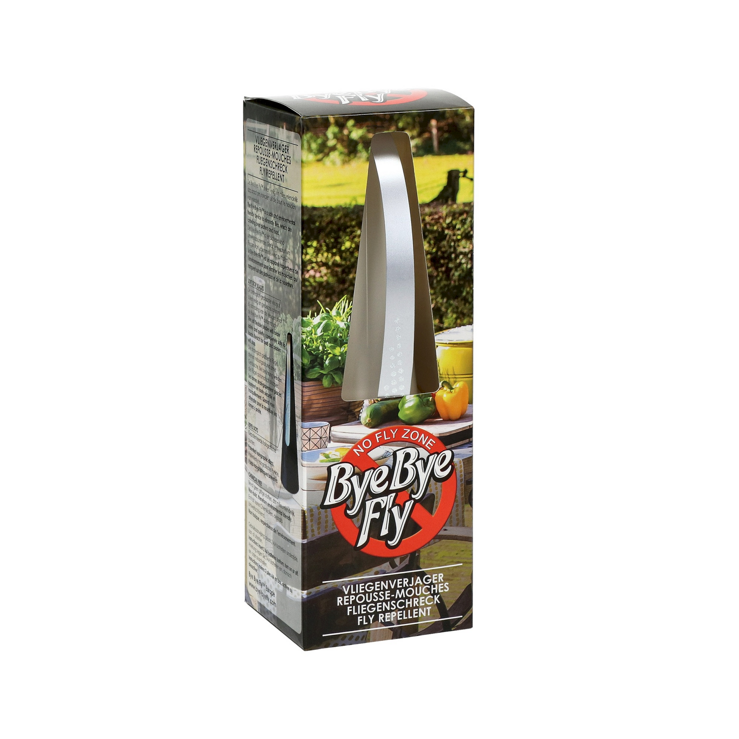 Fly repellent box with a device inside. Text: Bye Bye Fly, No Fly Zone. Image of a garden.