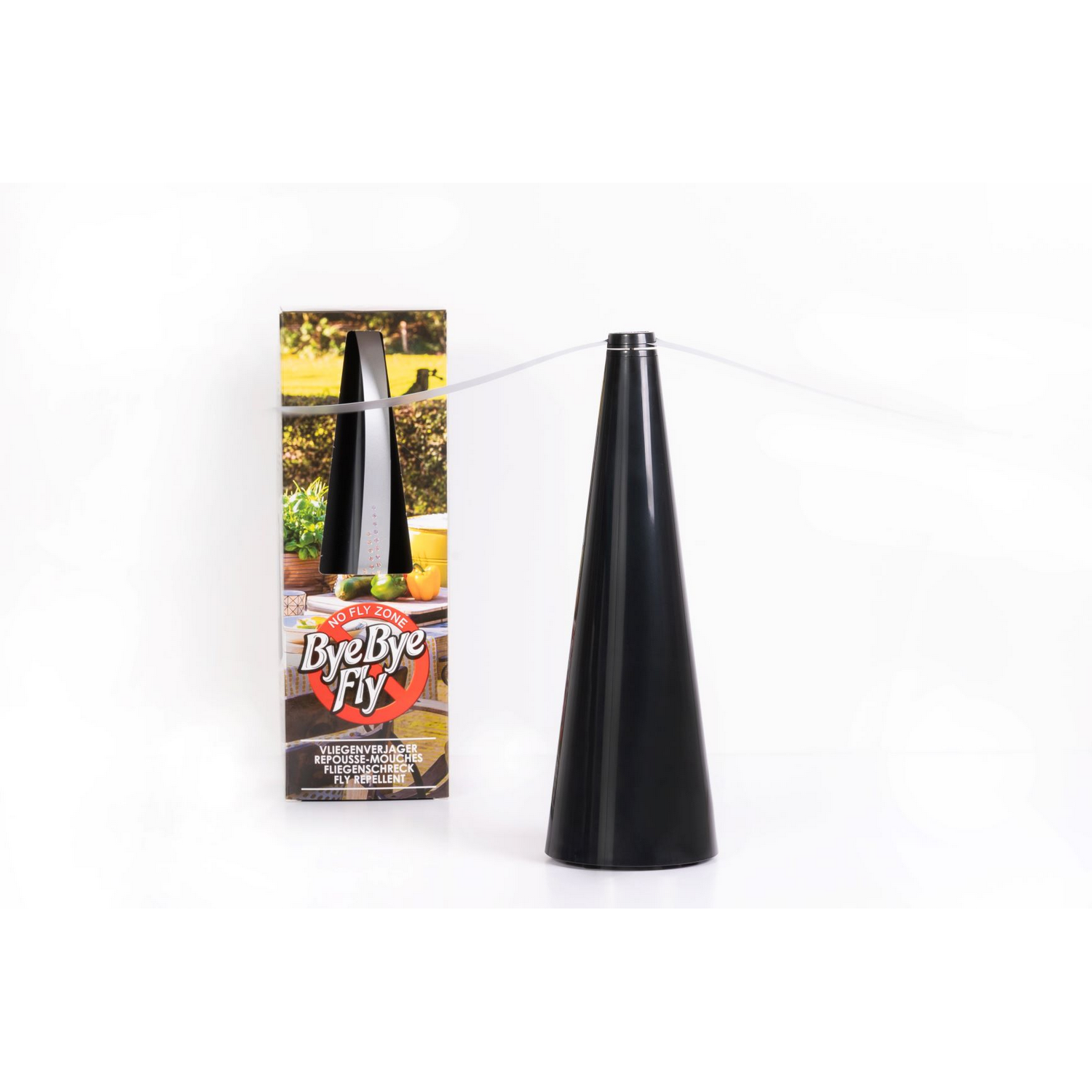 A black Bye Bye Fly repellent fan with a box behind, isolated on white background.