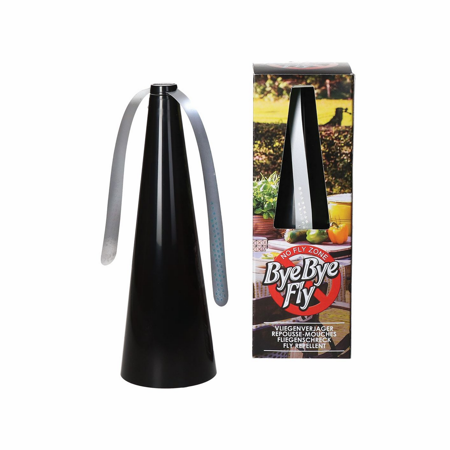 A black Bye Bye Fly fly repellent with a box.