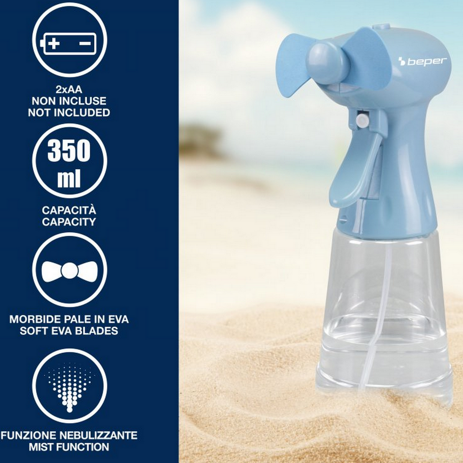 Blauwe handheld mistventilator. Witte achtergrond, tekst en iconen, capaciteit 350 ml.