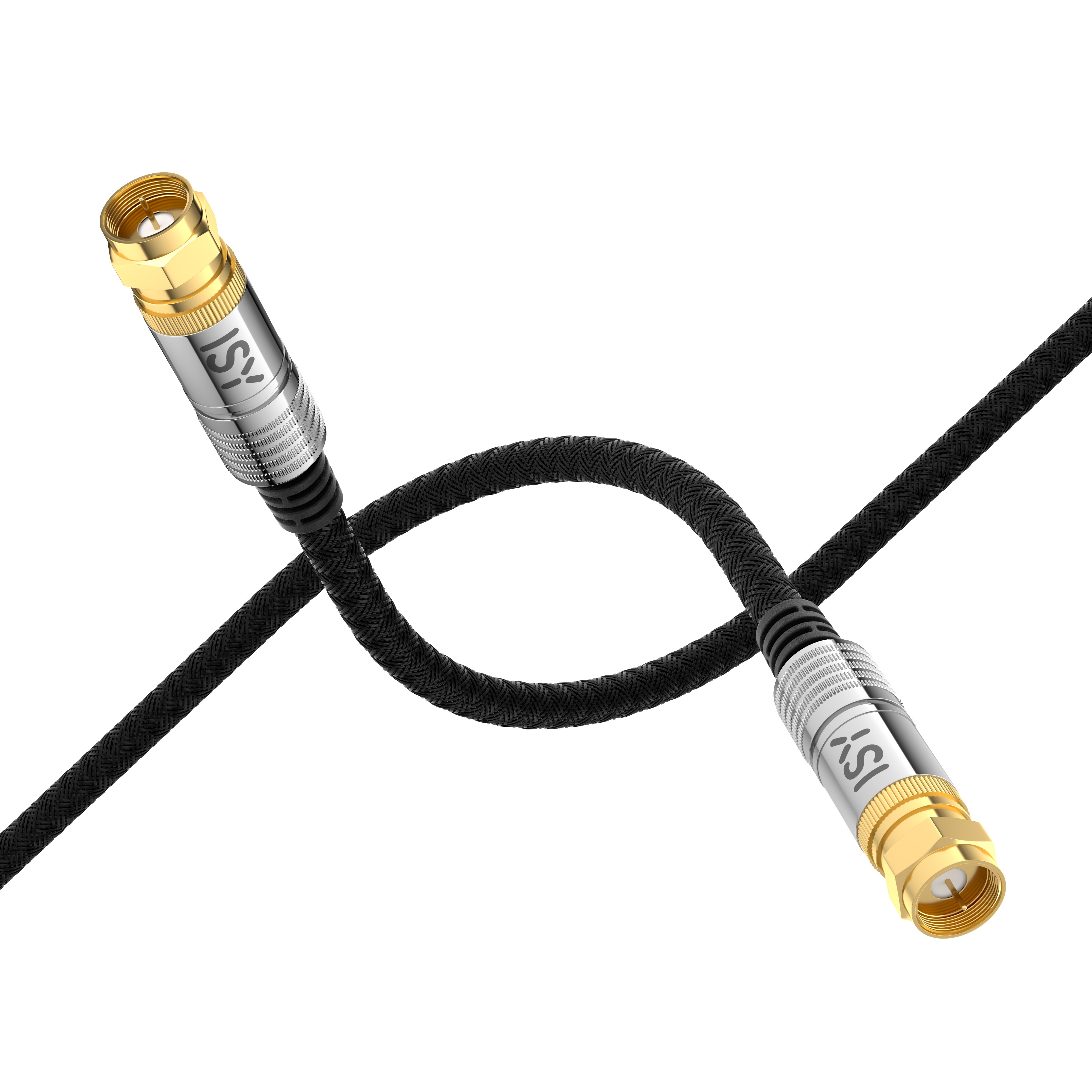 Schwarzes Koaxialkabel mit vergoldeten Steckern. Geflochtenes schwarzes Kabel. Weißer Hintergrund.