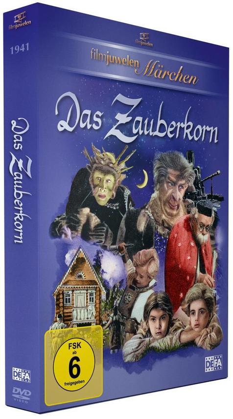 DVD-Hülle mit dunkelblauem Cover, Titel 'Das Zauberkorn'. Filmkunst mit Figuren und einem Haus.