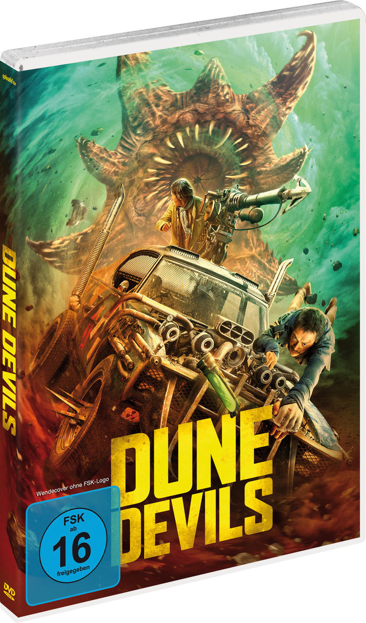 DVD-Cover für Dune Devils. Ein Fahrzeug wird von einem riesigen Wurm angegriffen. Fetter gelber Text.