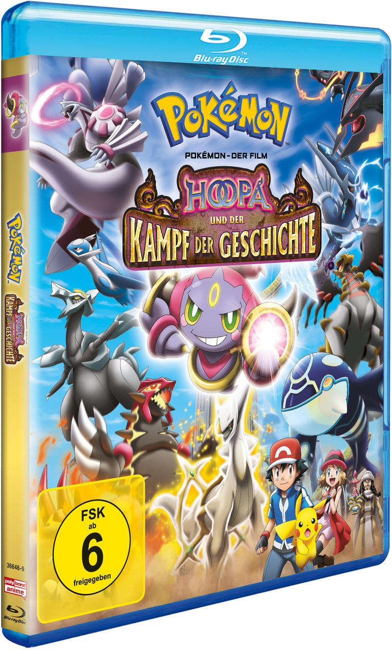 Blu-ray-Box-Art für den Pokémon-Film „Hoopa und der Kampf der Geschichte“ mit Zeichentrickfiguren und Logo.