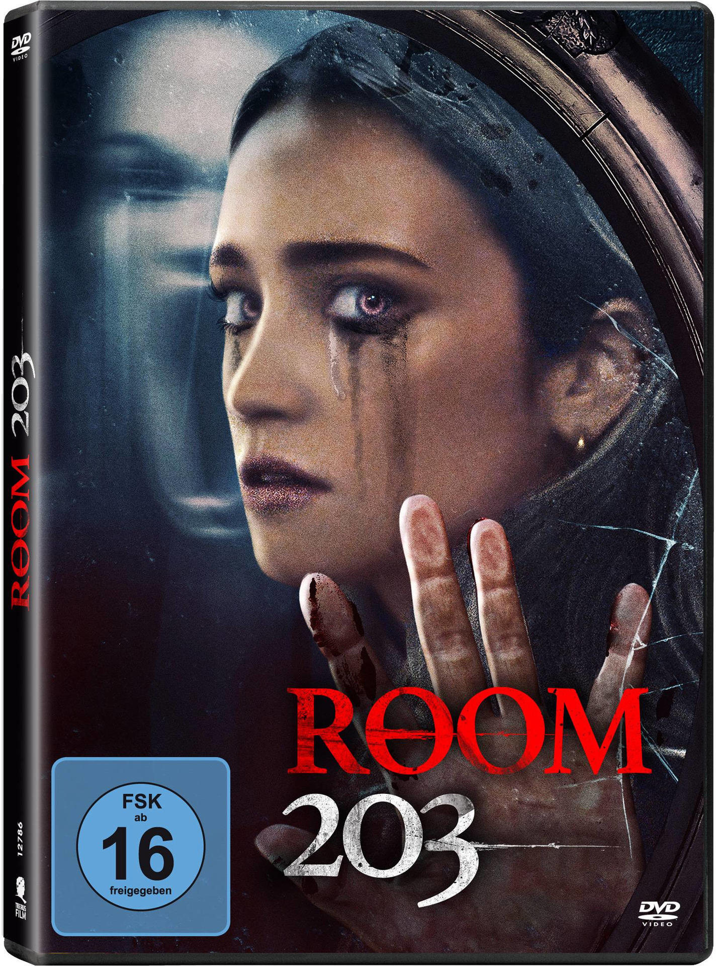DVD-Cover für den Film Room 203, mit einem Frauengesicht und blutigen Händen.