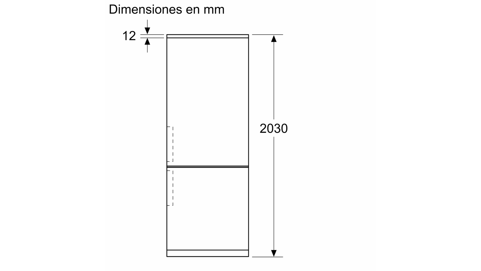 Dibujo técnico de un refrigerador, que muestra las dimensiones en milímetros, con una altura de 2030 mm.