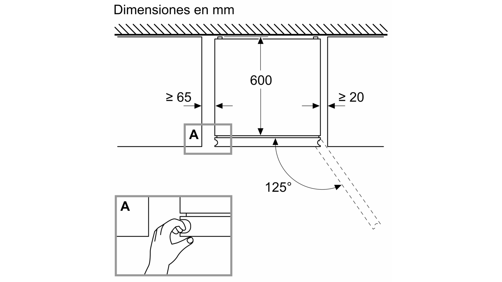 Diagrama que muestra las dimensiones para instalar un producto. Incluye medidas y una mano señalando un detalle.