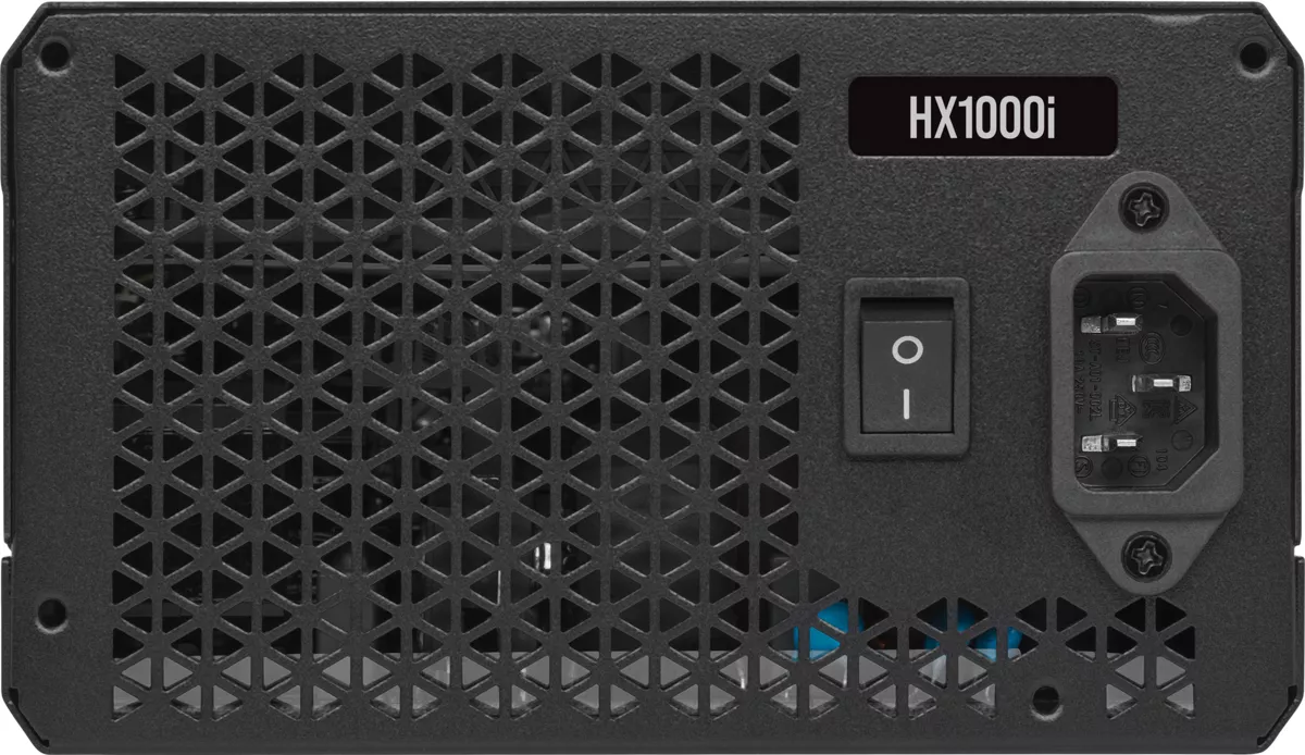 Ein schwarzes Computer-Netzteil mit Wabenbelüftung und einem Netzschalter mit der Bezeichnung HX1000i.