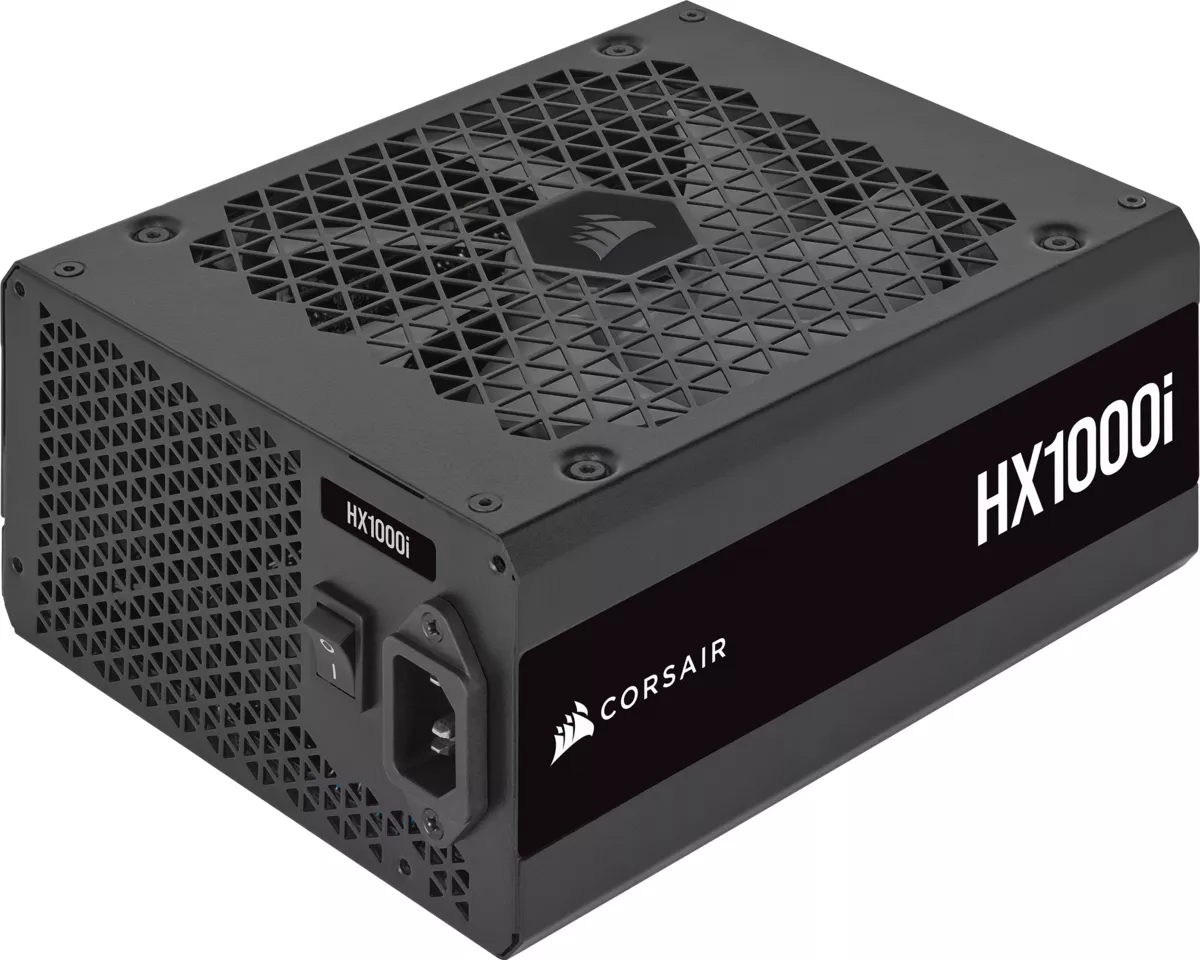 Schwarzes Corsair HX1000i Netzteil mit Lüftergitter, Schalter und Markenlogo.