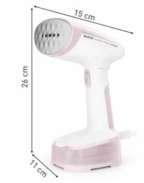 Biała i różowa ręczna parownica do tkanin z wymiarami: 26 cm, 15 cm i 11 cm.