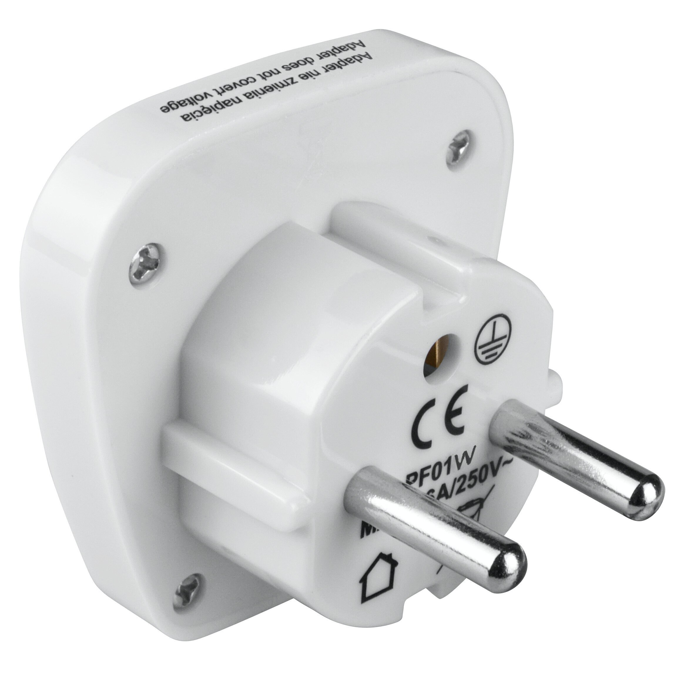 Biała przejściówka podróżna z dwoma bolcami, z tekstem „Adapter nie zmienia napięcia” od tyłu.