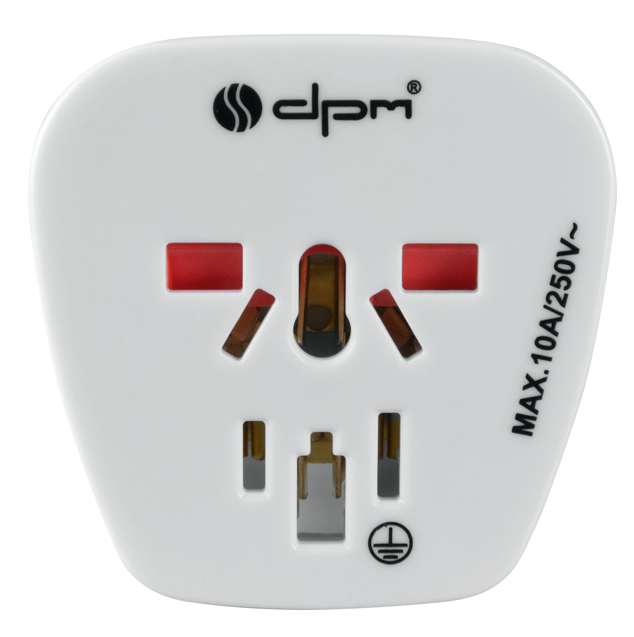 Biały adapter podróżny z wieloma konfiguracjami wtyczek i tekstem "MAX. 10A/250V~".