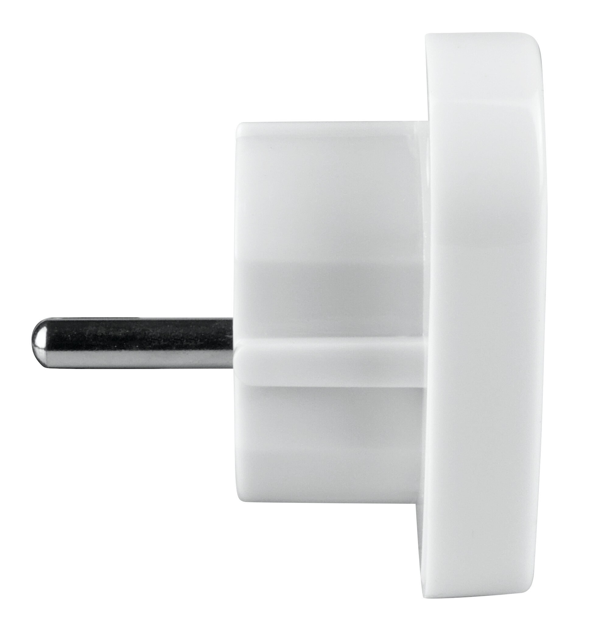 Biała przejściówka do wtyczki, widok z boku. Białe tło.