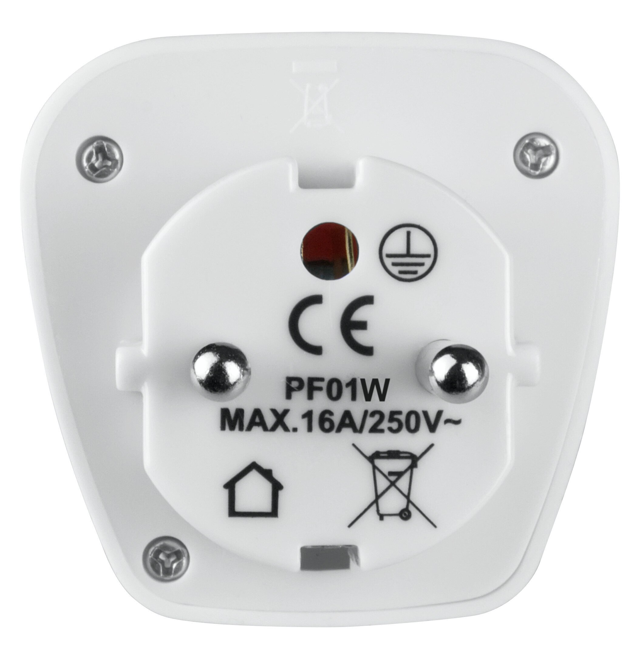Biała inteligentna wtyczka z europejską konfiguracją wtyczki. Ma oznaczenia CE i inne znaki bezpieczeństwa.