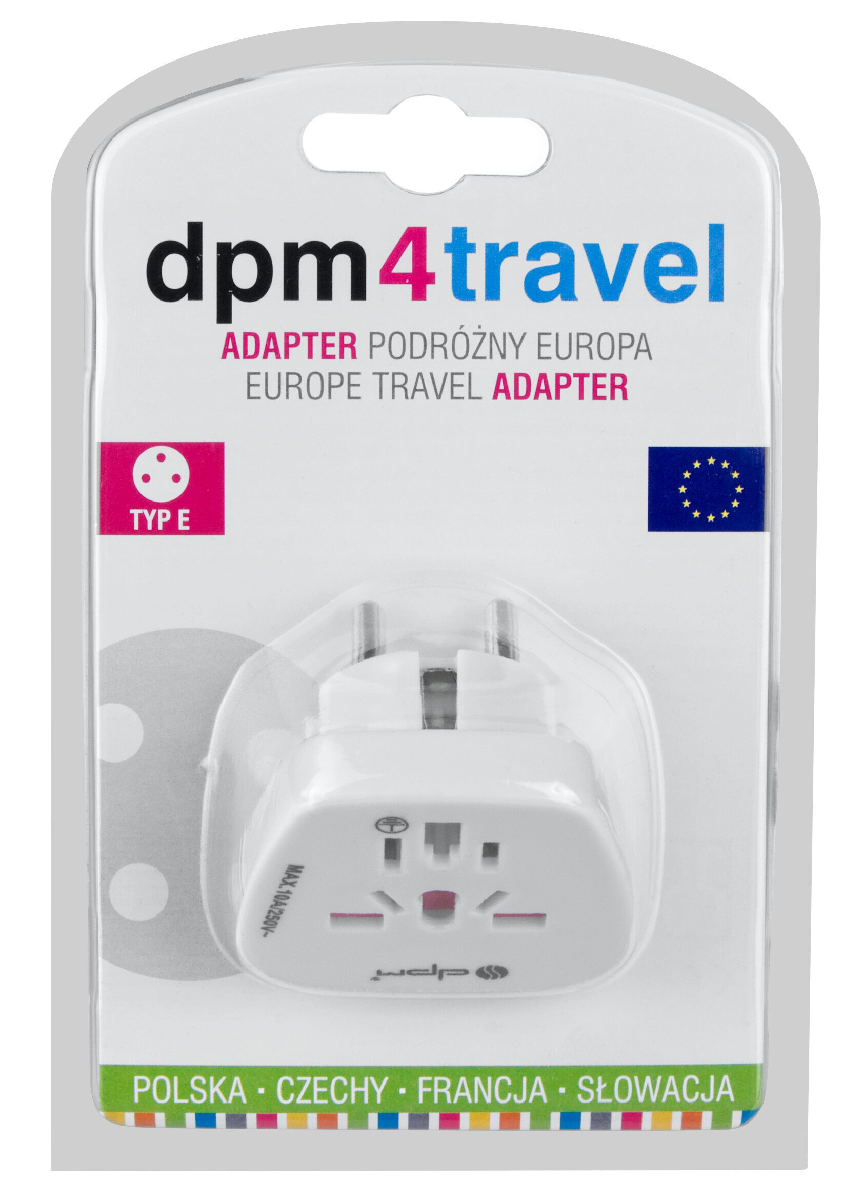 Adapter podróżny w opakowaniu, z białą obudową i różnymi typami wtyczek.