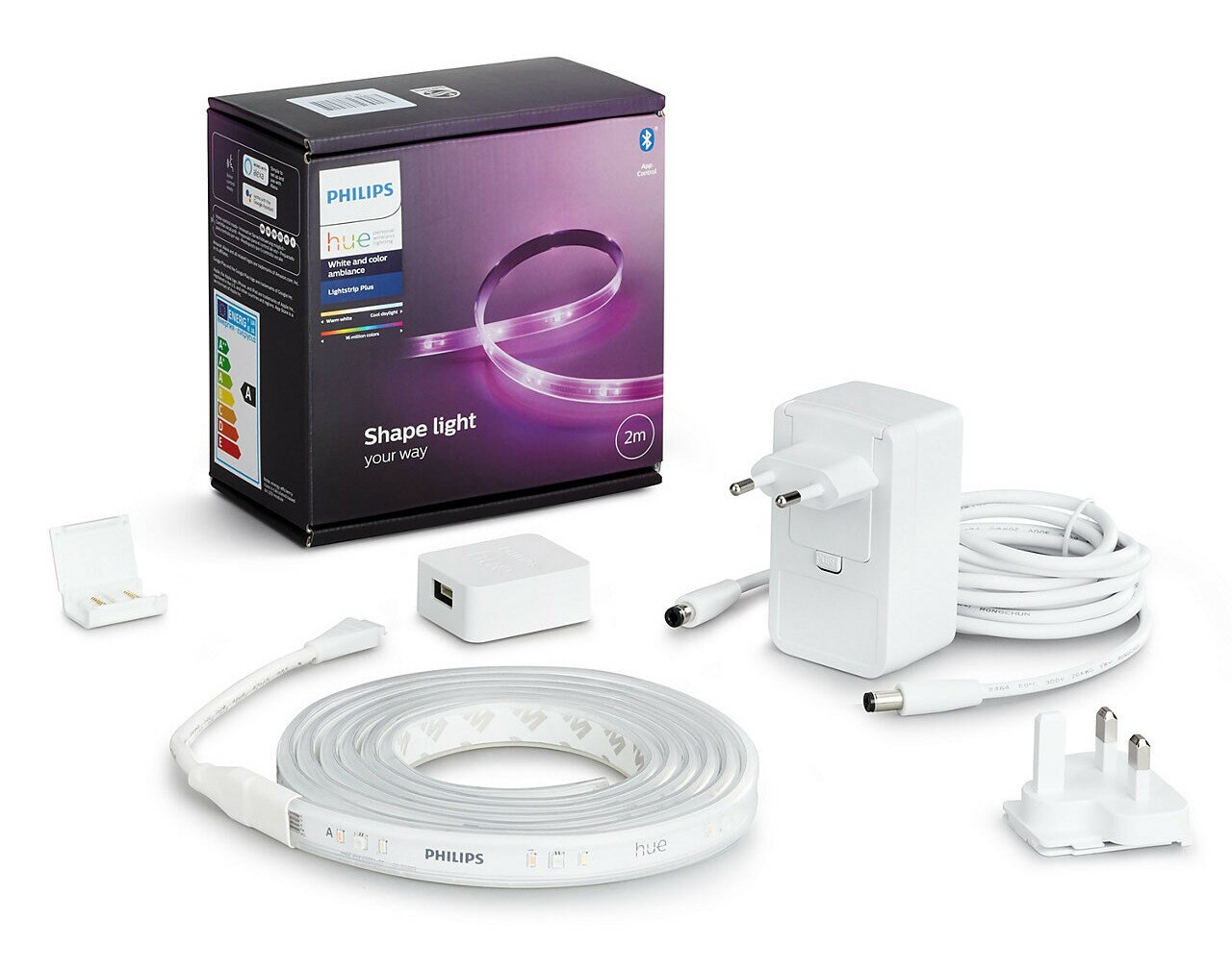 Pudełko z paskiem świetlnym Philips Hue, adapterem i innymi akcesoriami. Białe i fioletowe opakowanie.