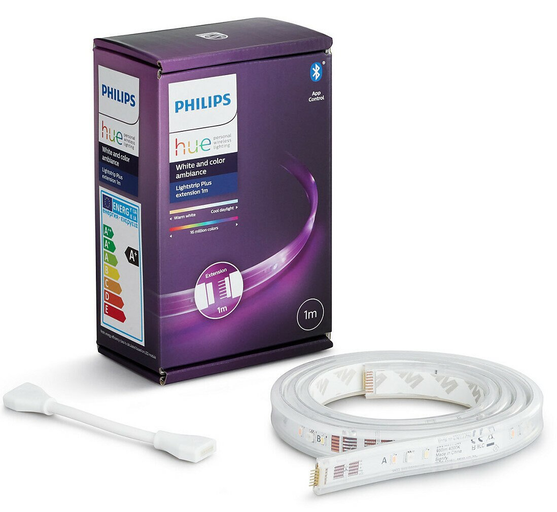 Pudełko i pasek świetlny Philips Hue. Pudełko jest fioletowo-białe. Pasek jest zwinięty, z połączeniem.