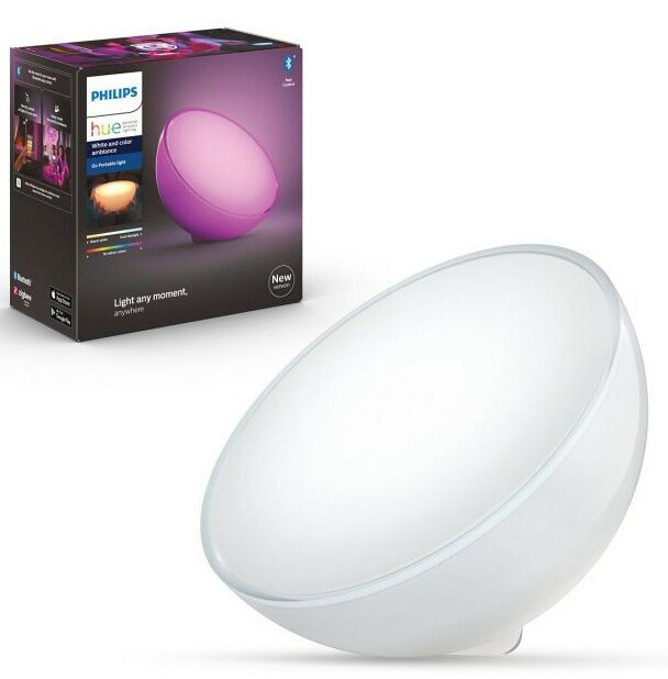 Biała i różowa lampa Philips Hue z pudełkiem obok.