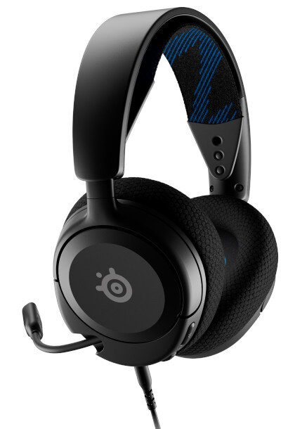 Czarne słuchawki nauszne z niebieskim pałąkiem i mikrofonem.