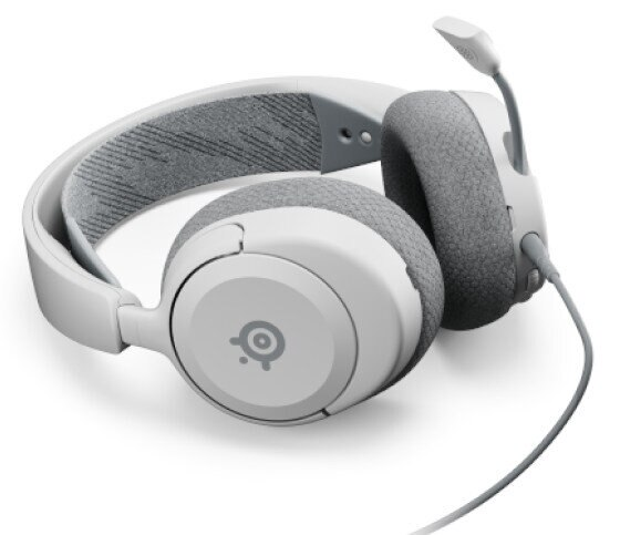 Biało-szary zestaw słuchawkowy dla graczy z mikrofonem, na białej powierzchni.