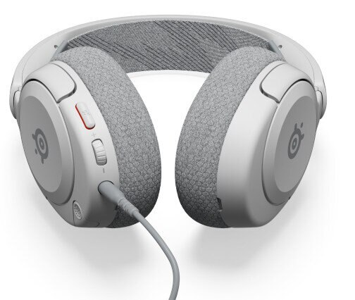 Biało-szare słuchawki z kablem i regulacją głośności.