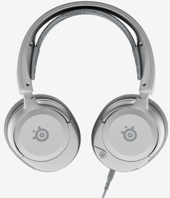 Białe i szare słuchawki. Nauszniczki są okrągłe z logo. Szary kabel.