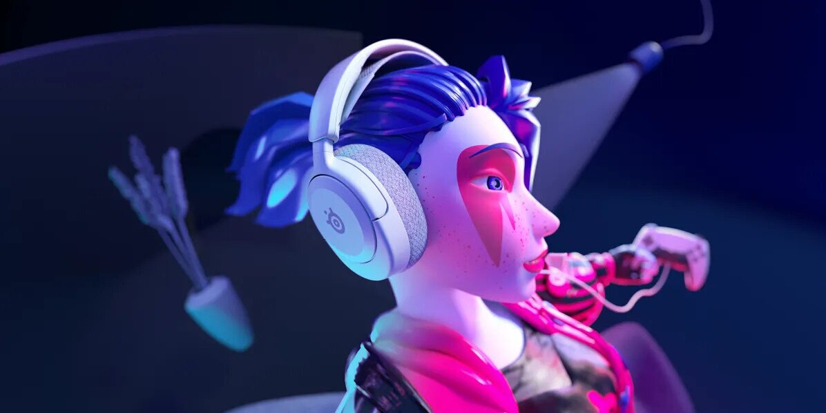 Kreskówkowa dziewczyna w słuchawkach, z futurystycznym tłem.