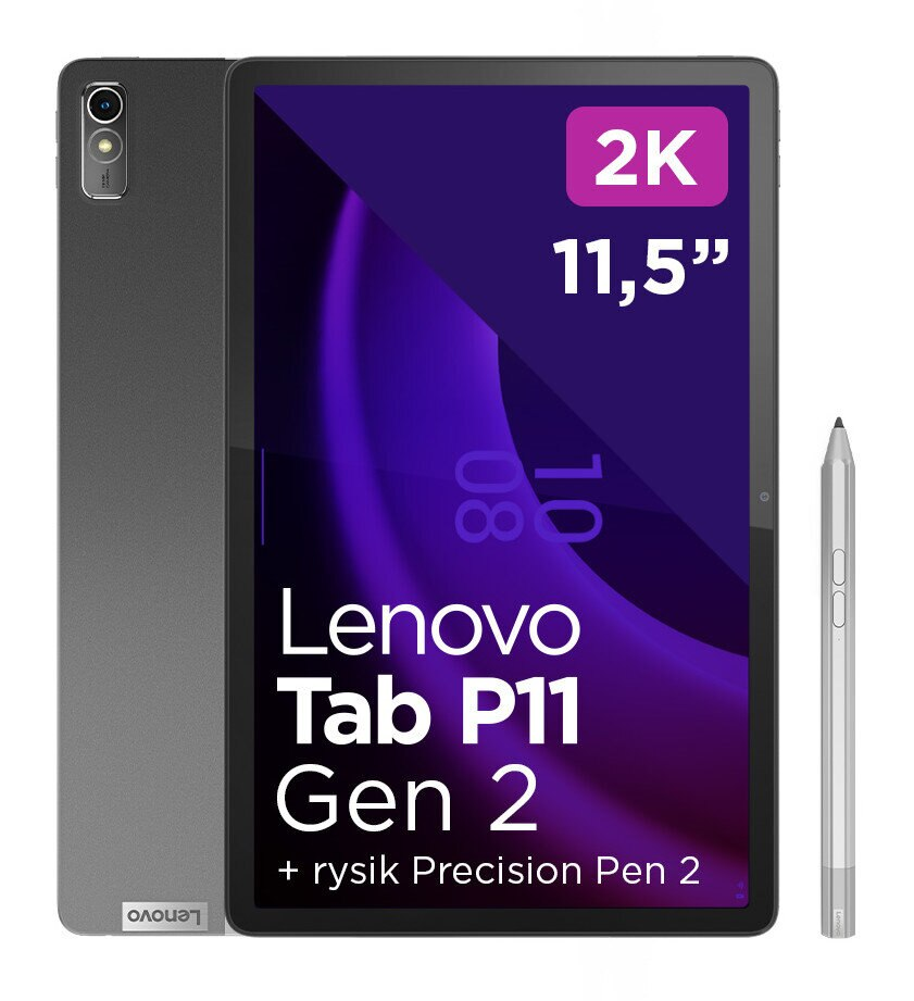 Tablet Lenovo Tab P11 Gen 2 z rysikiem, szary tył i ekran.