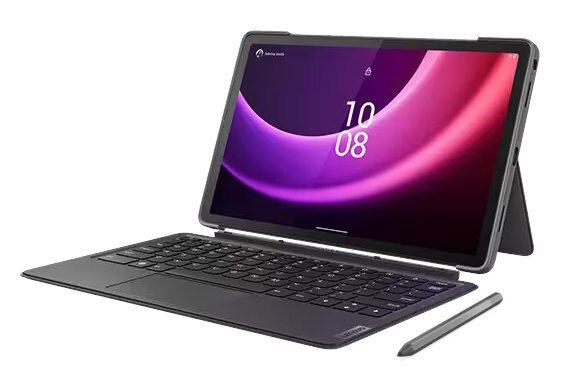 Czarny tablet z klawiaturą, piórem. Ekran wyświetla abstrakcyjny obraz w kolorze fioletowym i różowym.