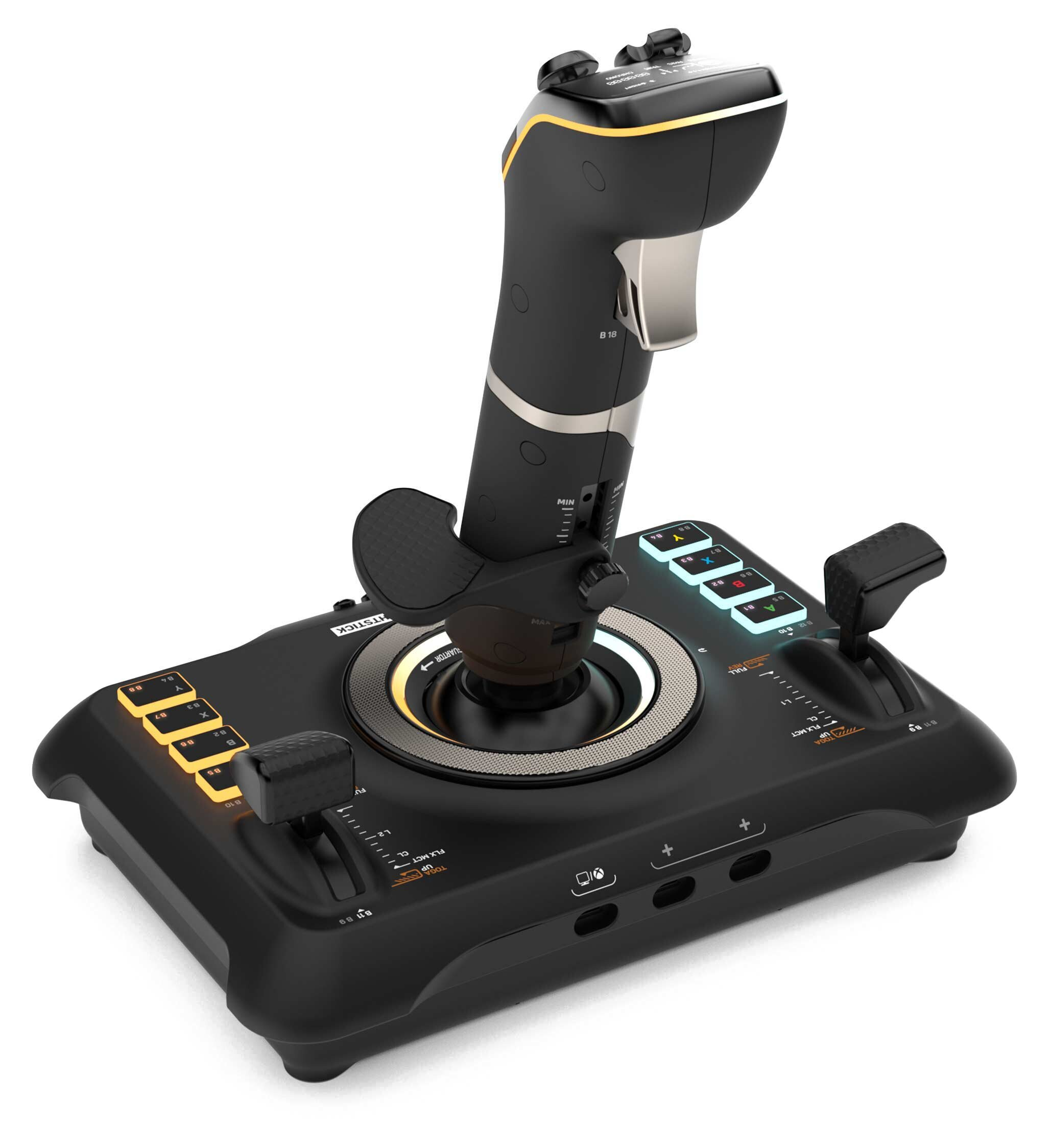 Czarny joystick z wieloma przyciskami i pokrętłem.