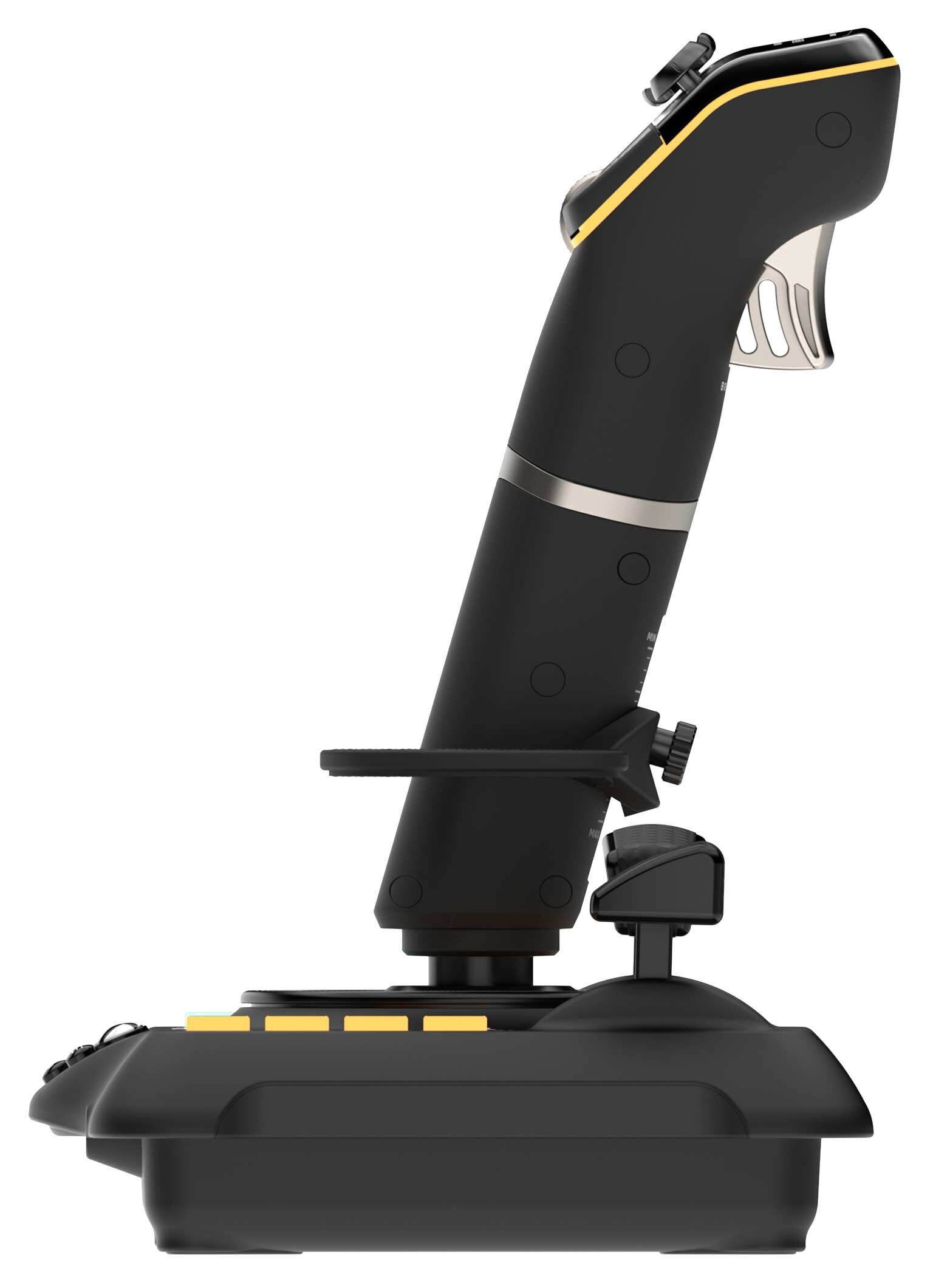 Czarny joystick z różnymi przyciskami, srebrnym spustem i żółtym akcentem na białym tle.